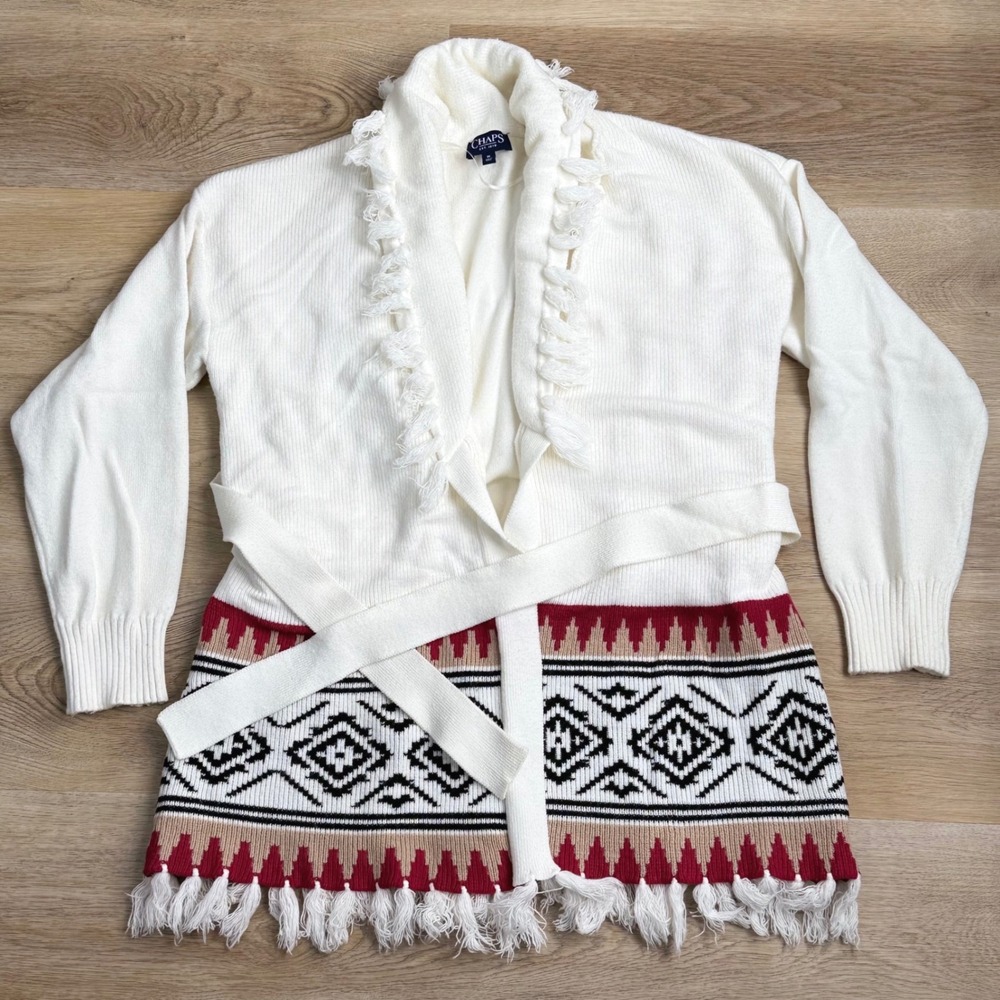 Chaps Cream Aztec Fringe Belted Cardigan Women M SouthWestern Boho Fall Cozy